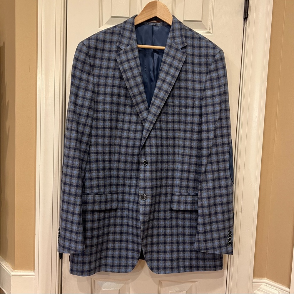 NEW Peter Millar Men’s Blue Plaid Sport Coat Blazer 44T Wool Elbow Patches